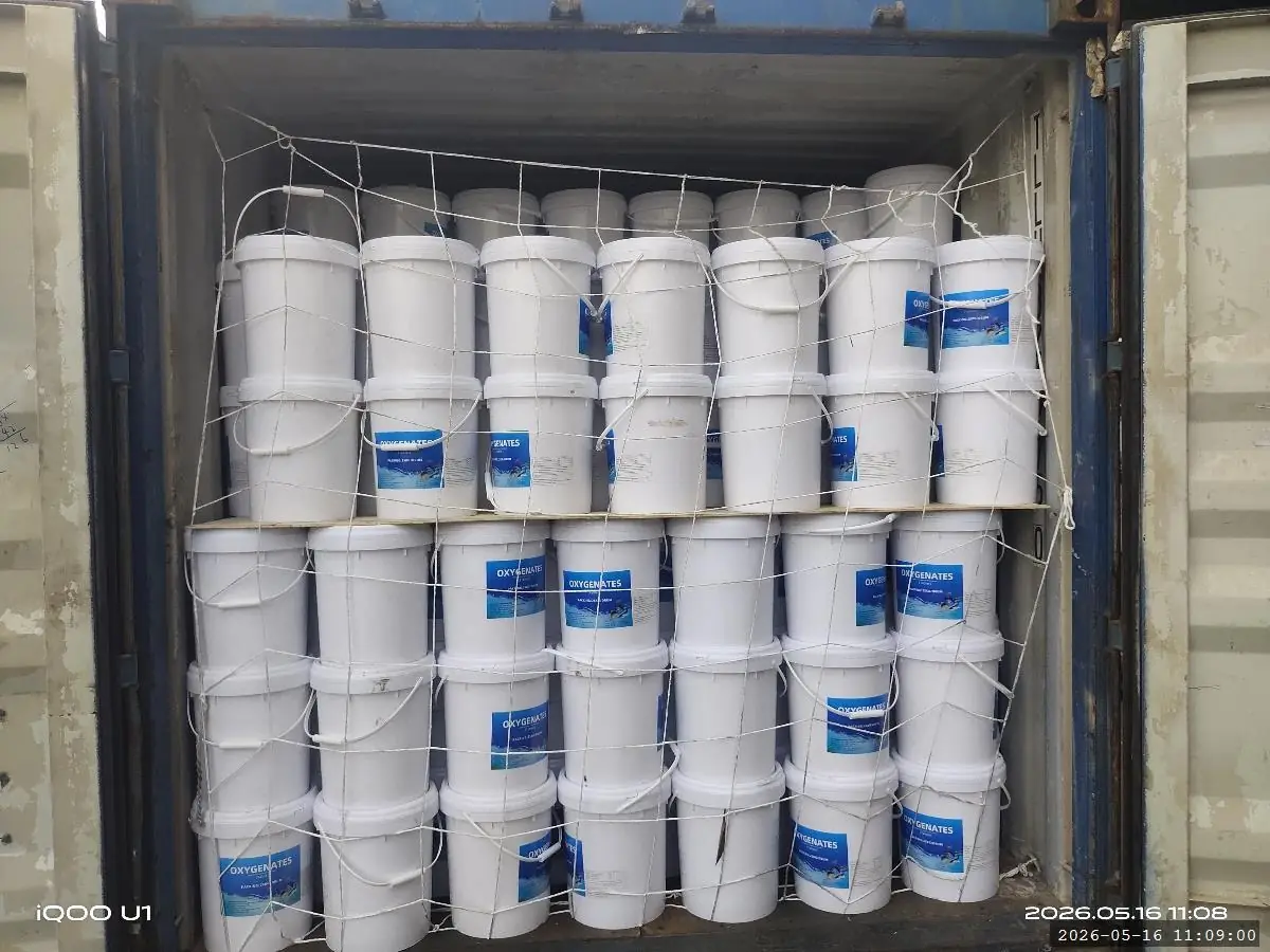 Container packed with Oxygenates buckets secured under cargo netting