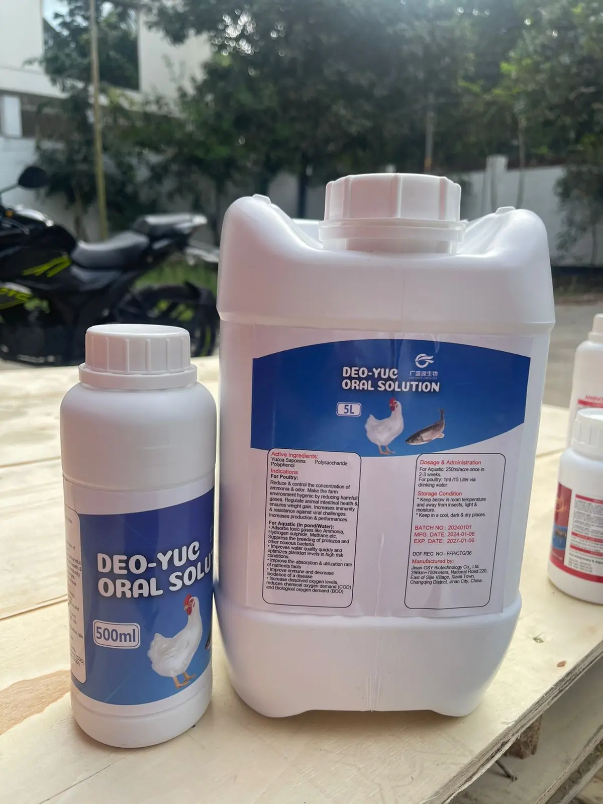 Deo-Yuc oral solution bottles, 500 ml and 5 litre packs